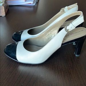 Black and cream back strapped heels